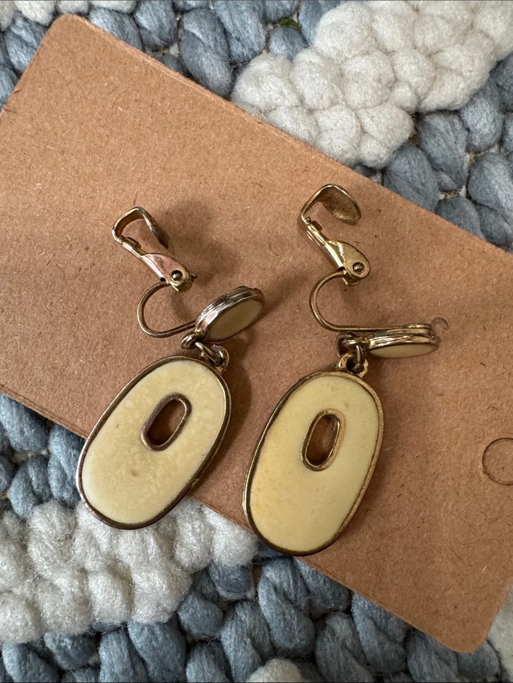 Vintage 70s Cream Enamel Clip On Dangle Earrings Mod Retro